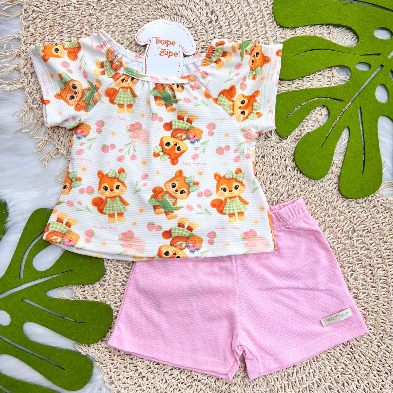  Conj Blusa Raposinha e Short Rosa
